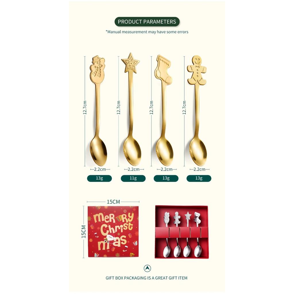 4pcs Dessert Spoons Gingerbread Man Silver Stainless Steel Christmas Spoons High-Quality Coffee Spoons for Coffee Lovers