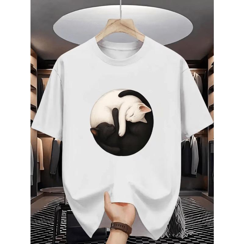 Minimalist Yin-Yang Sleeping Cat Design Printed T-Shirt, Breathable Outdoor Casual Wear