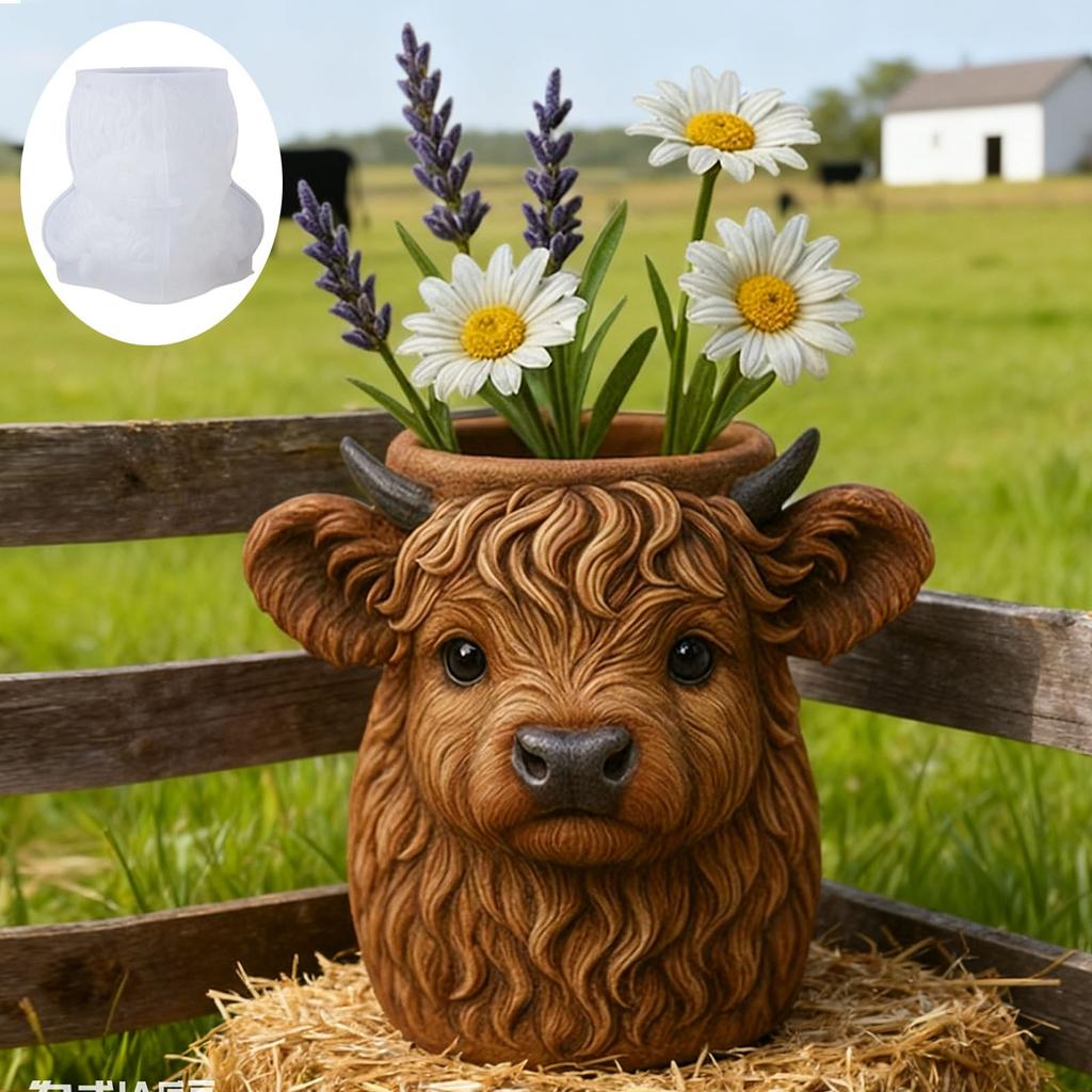 Hochlandkuh Kleiner Blumentopf Harzform Tierpflanzer Silikonform Haus Büro Schreibtisch Mini-Dekoration Form