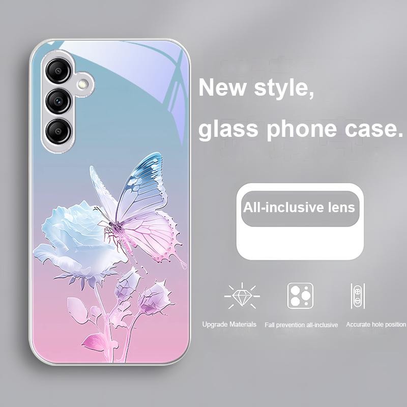 Glass Phone Case For Samsung Galaxy A01 A02 03 Core A04 A14 4G A13 54 34 31 20 25 23 22 5G S21 Ultra S20 Butterfly Gradient Blue