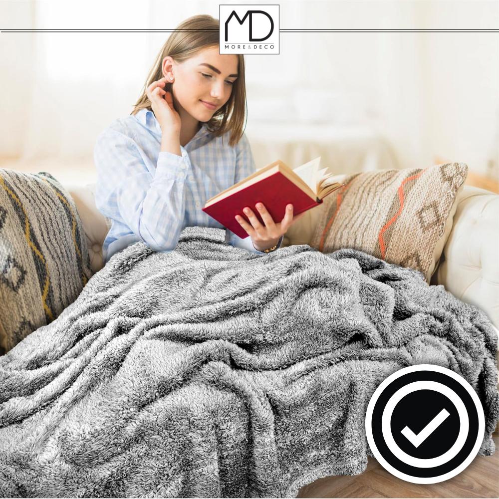 Koc pled 160×200 cm narzuta kapa szary melanż 250g/m² dłuższy włos mięsisty MORE&DECO