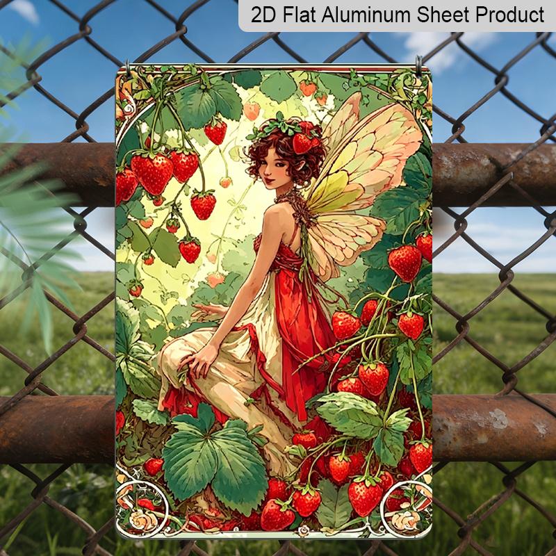 

2D Flat, 1pc Strawberry Fairy aluminum Wall Art Sign - 8x12 Inch Garden & Patio Decor with Red Strawberries, Butterfly Wings & Green Foliage 20*30cm