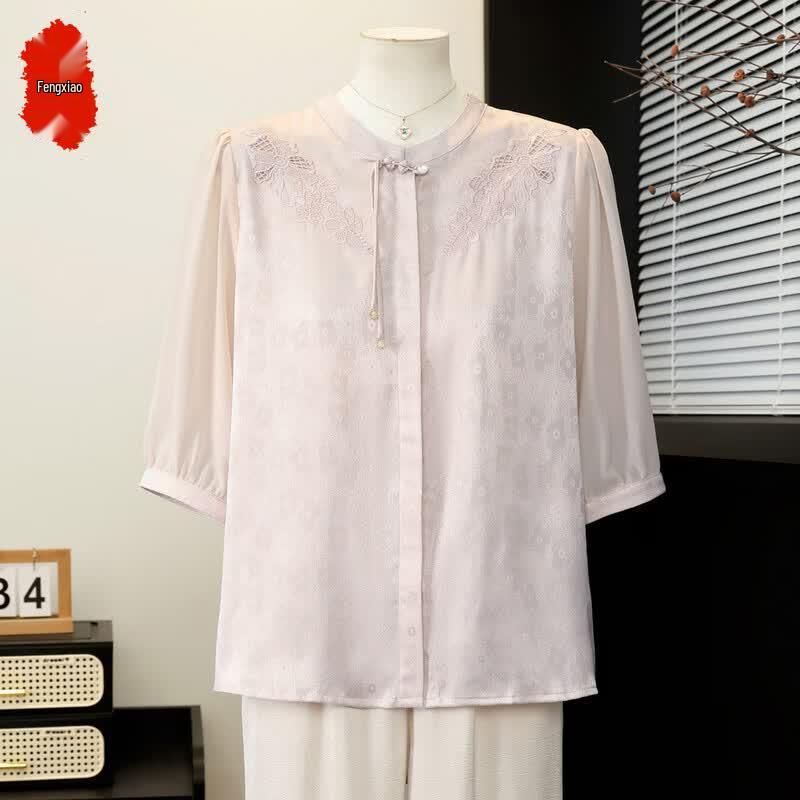 Fengxiao Women s Chinese Style Stand Collar Floral 3/4 Sleeve Blouse XL
