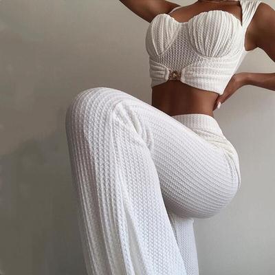 Frauen 2 Stück Set Solide Ärmellose Kurze Tops & Hohe Taille Lange Länge Hosen Weibliche 2021 Herbst Sommer