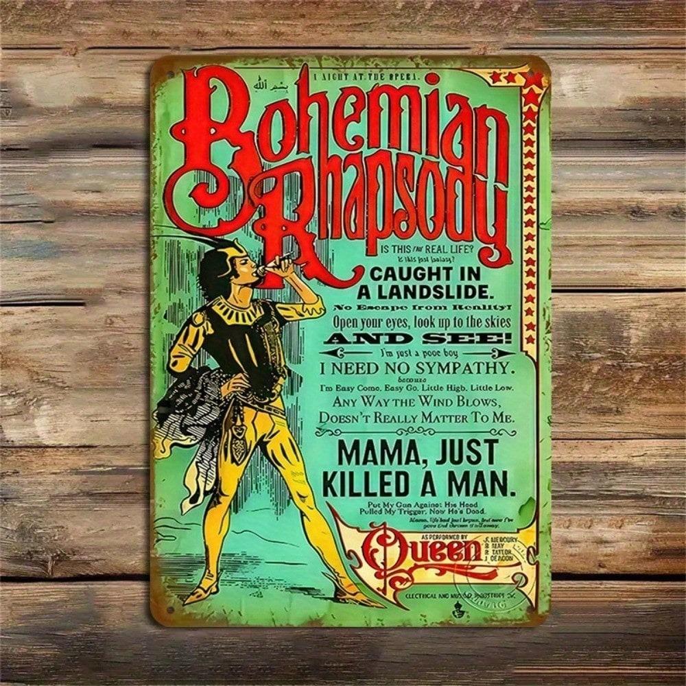 Placca Metallica Vintage Bohemian Rhapsody Arte da Parete in Metallo Poster Retro Queen 8x12 Pollici