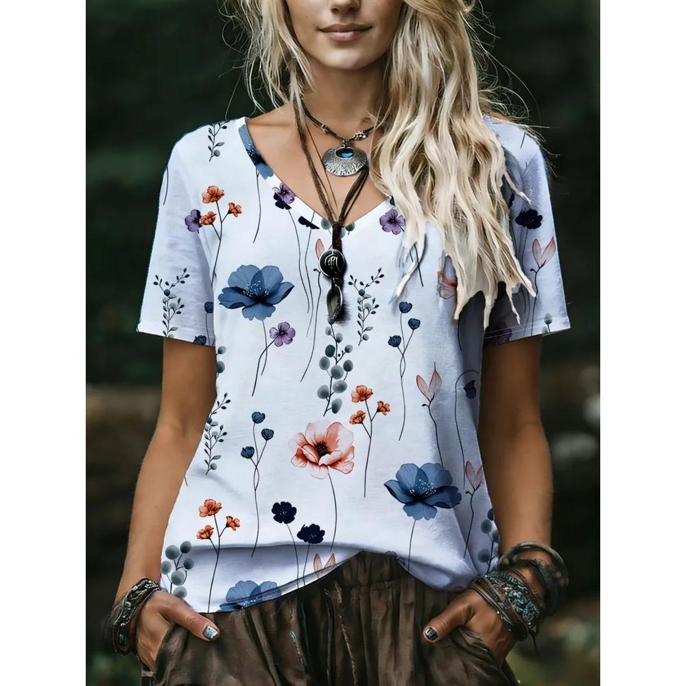 Fashion Versatile Flower Printed V-Neck Top Women's Short Sleeve Casual Comfortable T-Shirts Women’s