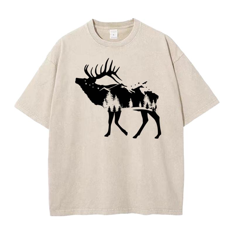 Short Sleeve Tees Christmas Round Neck Combed cotton Woman Washed Tshirts Round Neck Forest Elk Party Washed Tee Shirts Family