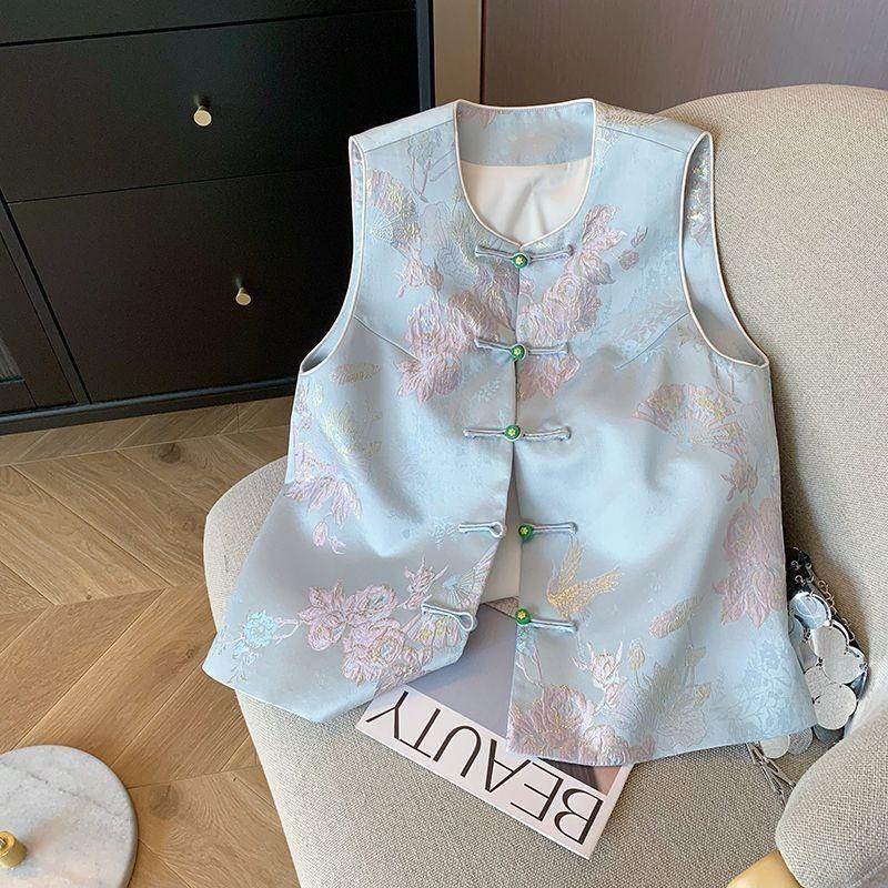 

Жаккардовый жилет без рукавов на пуговицах с круглым вырезом женский весенне-летний ретро высококлассный верхний жилет 3XL (recommended 138-75kg)