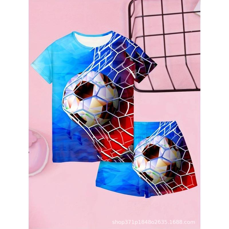 

Летний комплект с круглым вырезом и 3D-принтом футбола, модный и повседневный, с шортами с короткими рукавами, комплекты детской одежды для мальчиков 160