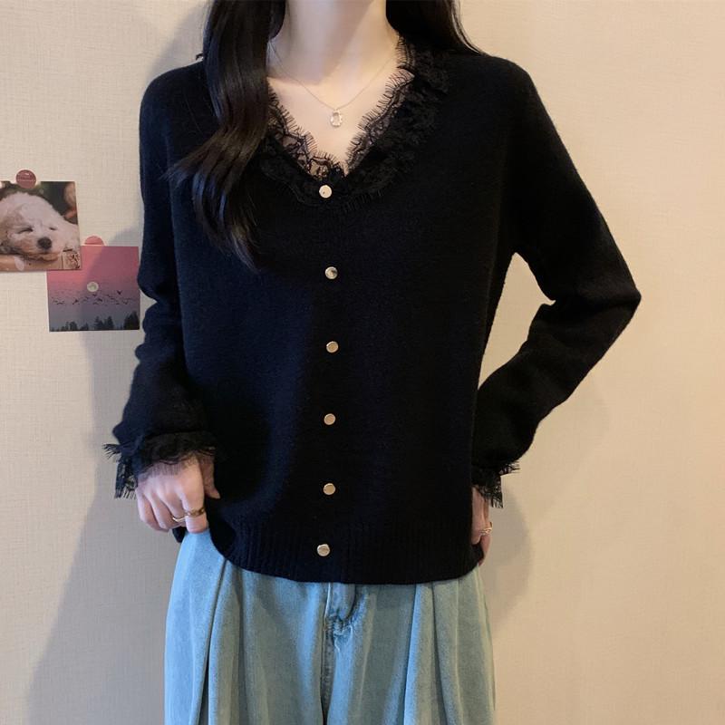 

Plus Size Lace Patchwork Sweater - Slim Fit Knitwear for Women (Autumn/Winter) XL чёрный