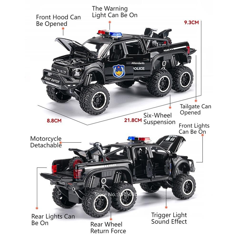 1:28 Raptor F-150 Police Car Off Road Toy Model Alloy Diecast Doors Opened Pull Back 6 Wheels SUV Vehicles for Collectible Gifts