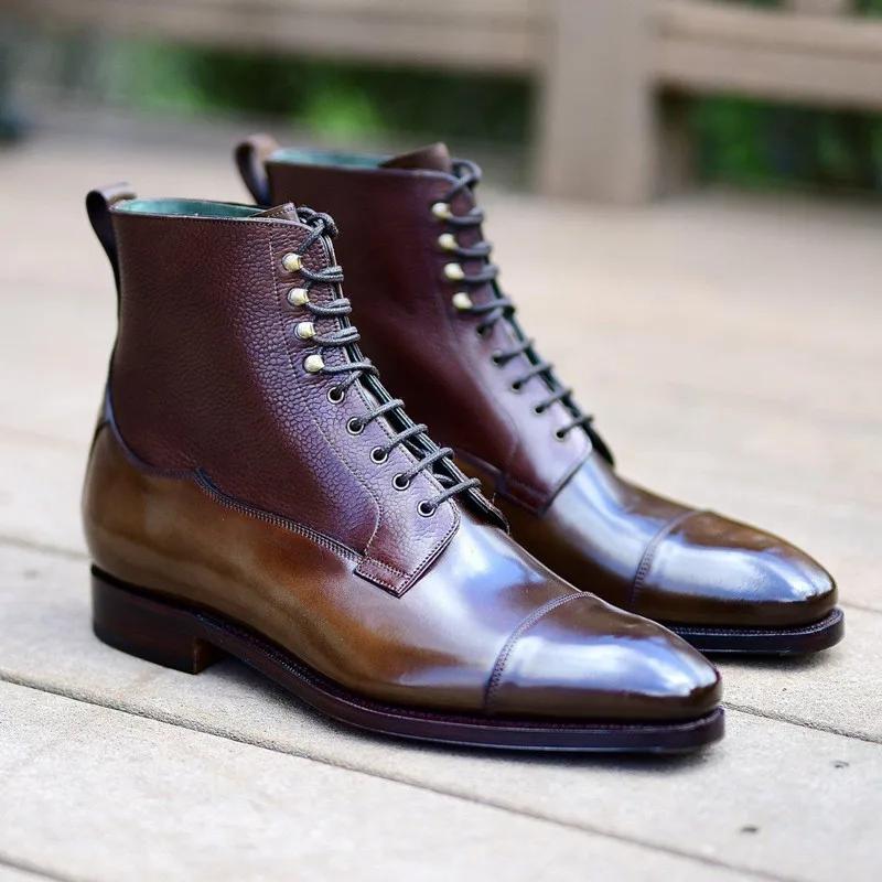 Fashion Brown Ankle Boots for Men Business Motorcycle Boots Lace-up Round Toe Men's Short Boots  Botas De Trabajo Hombre