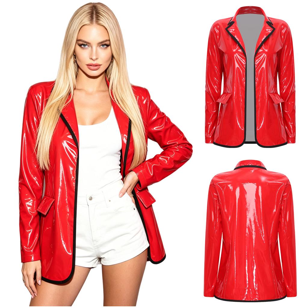 Women Glossy PU Blazer Notched Lapel Long Sleeve Open Front Jacket Coat with Flap Pockets Club Outerwear for Rave Party Night Out