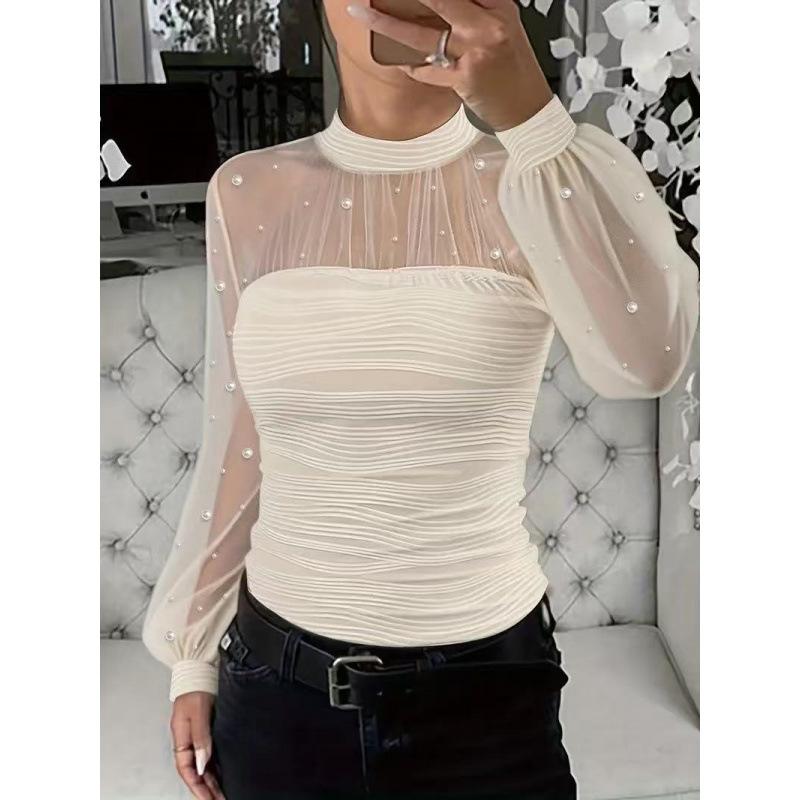 Grenzüberschreitende Neue Frühjahrs- und Herbst-Perlennetz-Spleiß-Langarmtops und Unterhemden für Damen
