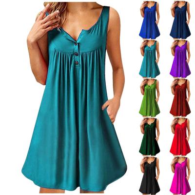 Women's Fashion Casual Dress V-Neck Sleeveless Solid Button Vest Beach Skirt
