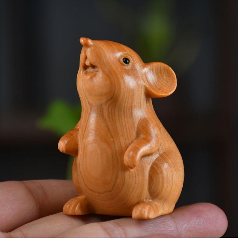 Natural Cypress animal hamster small statue  Cute home room car decoration ornaments Chinese-style zodiac sign gift