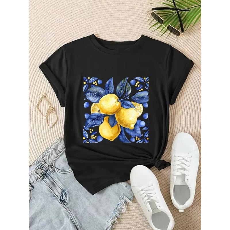

European Size Women S Casual T-Shirt with Lemon & Blue Leaf Print - Short Sleeve, Round Neck, Lightweight Summer Top 4XL чорний