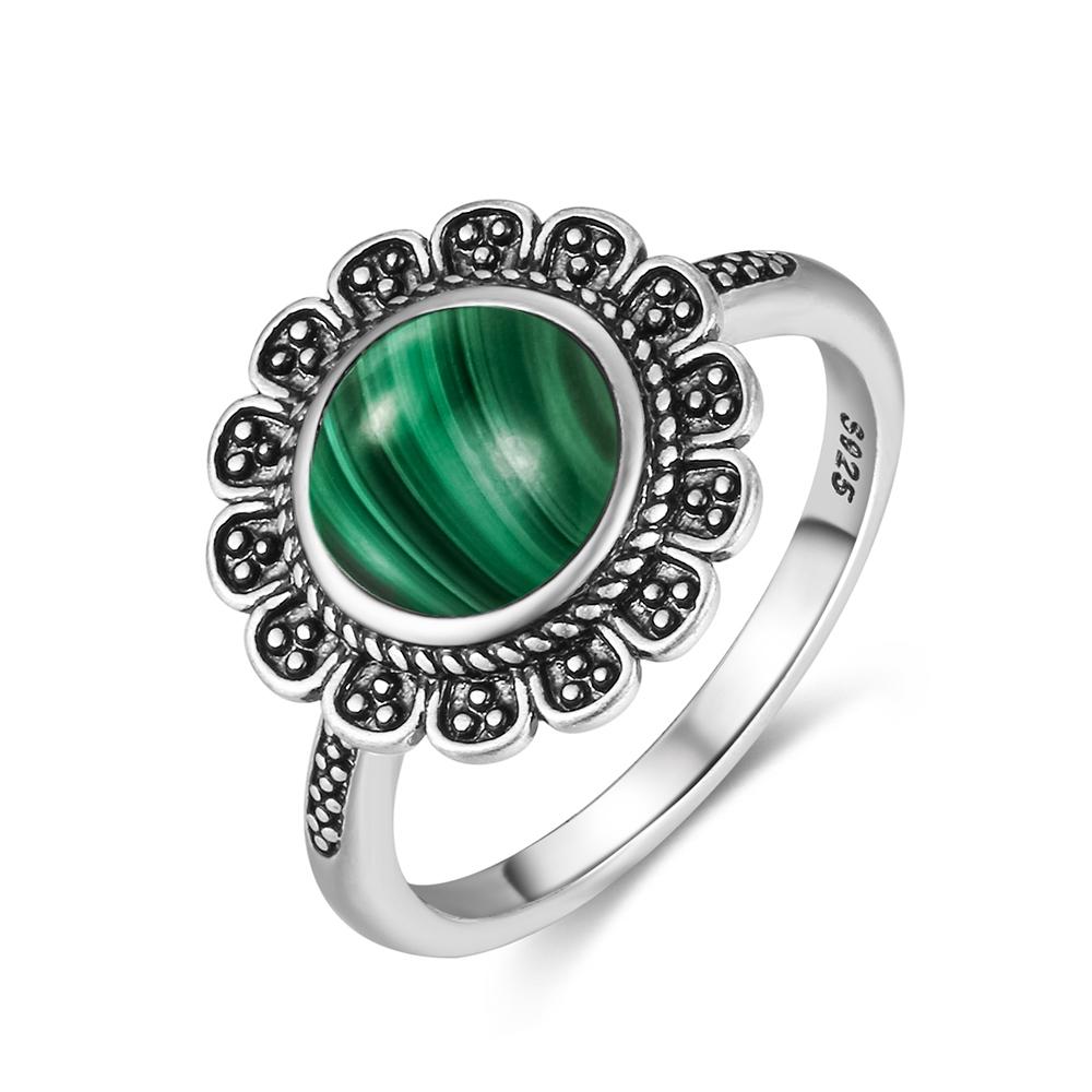 Vintage S925 Silver Ring Oval Round Natural Malachite Ring Sun And Flower Shaped Retro Fine Jewelry For Women Men