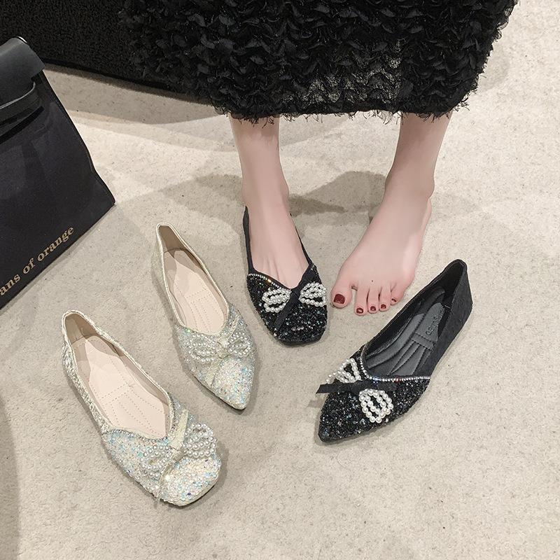 Sparkling sequins exquisite small pointed head shallow mouth comfortable dating pearl bow Doudou single shoes women