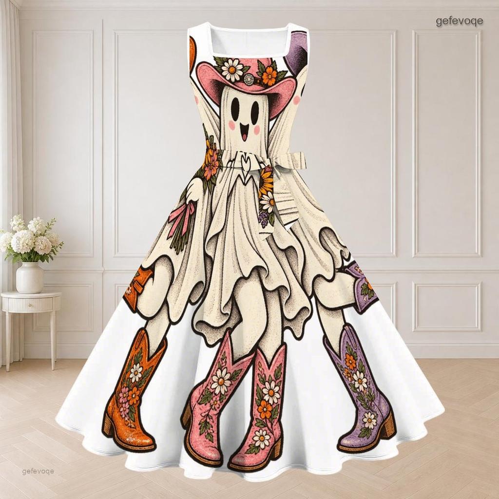 Women Plus Size Two Piece Dress Set Short Sleeve Cropped Shrug Sleeveless Square Neck Tie Waist Flared Bear Pumpkin Printed