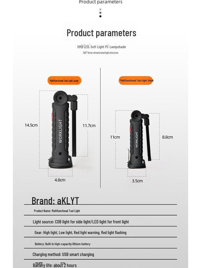Światło robocze LED COB: Składany, Magnetyczny, z Czerwonym Światłem Ostrzegawczym do Konserwacji na Zewnątrz i Naprawy Samochodów