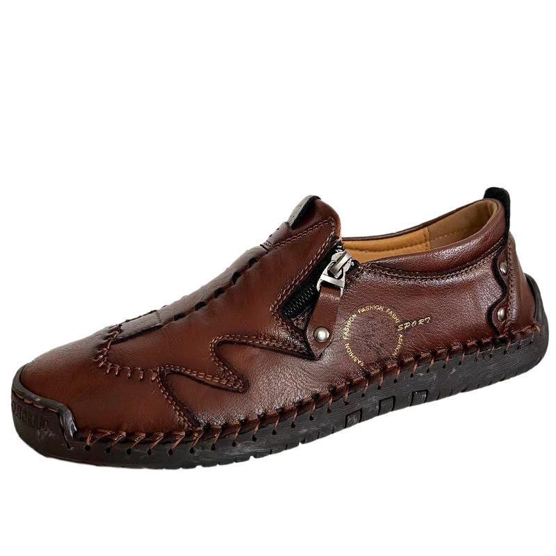 Men's Spring & Autumn Slip-On Fashionable Zipper Leather Loafers - Toe Design, Casual, Handmade, Large Sizes Available