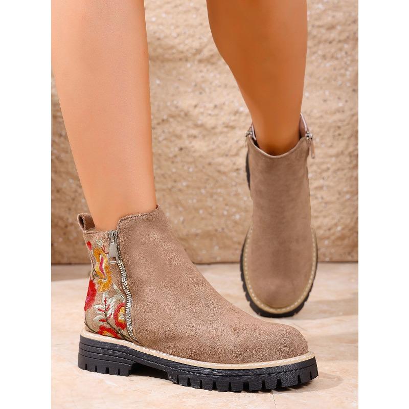 Winter 2025 Suede Print Booties Women's Plus Size Side Zipper Vintage Round Toe Muffin Martin Boots