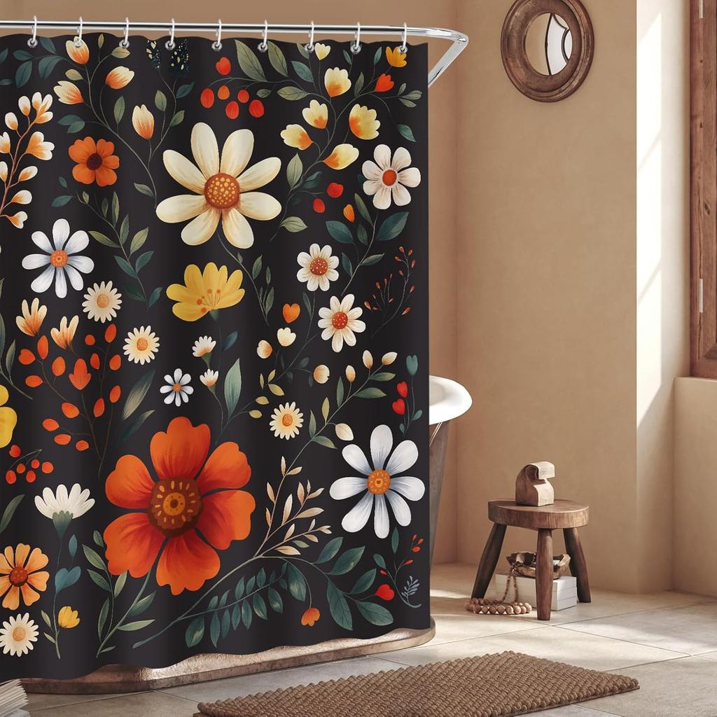 Vintage Black Floral Shower Curtain Retro Shower Curtains for Bathroom Colorful Flower Decor for Bathroom Picture Print Fabric