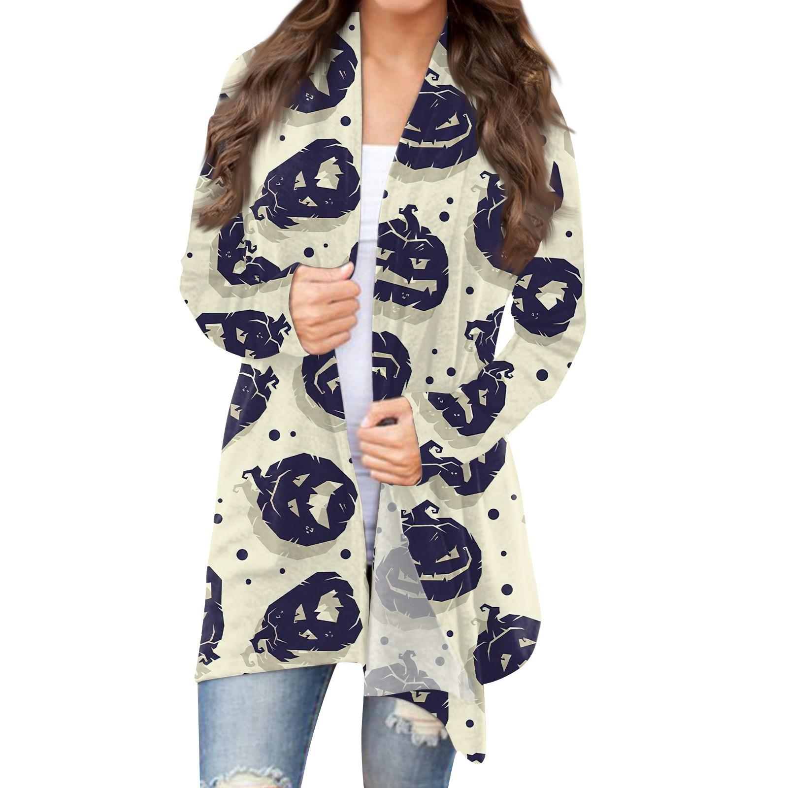 

Женская модная повседневная куртка-кардиган средней длины с длинными рукавами и принтом на Хэллоуин, топы XXXL тёмно-синий