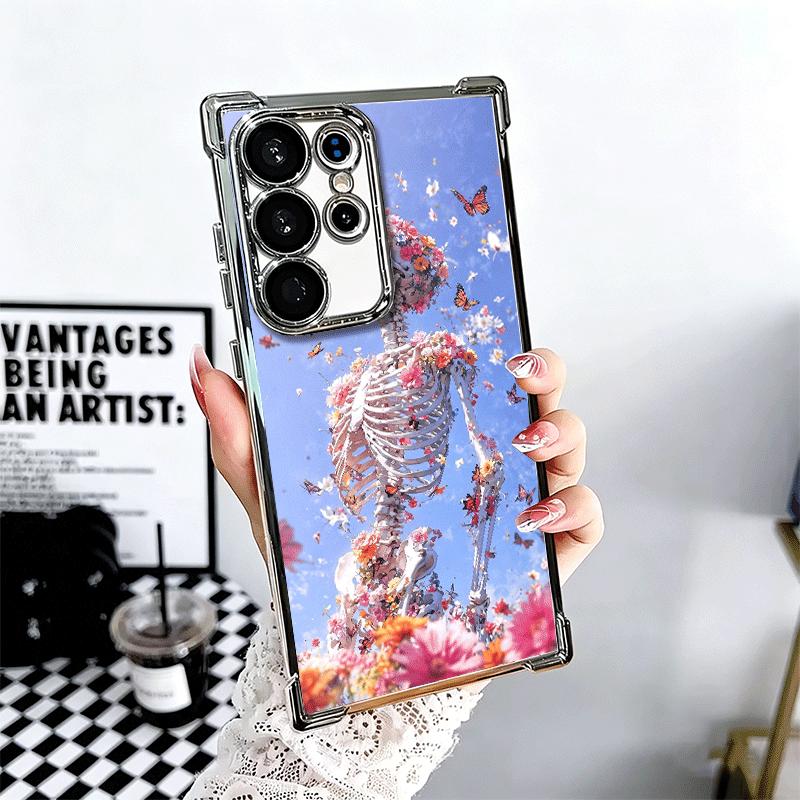 Floral Skull Flower Skeleton Plating Phone Case For Samsung Galaxy S24 S25 FE S26 Edge S23 Ultra S22 S21 Plus S20 Anti-Fall Aira