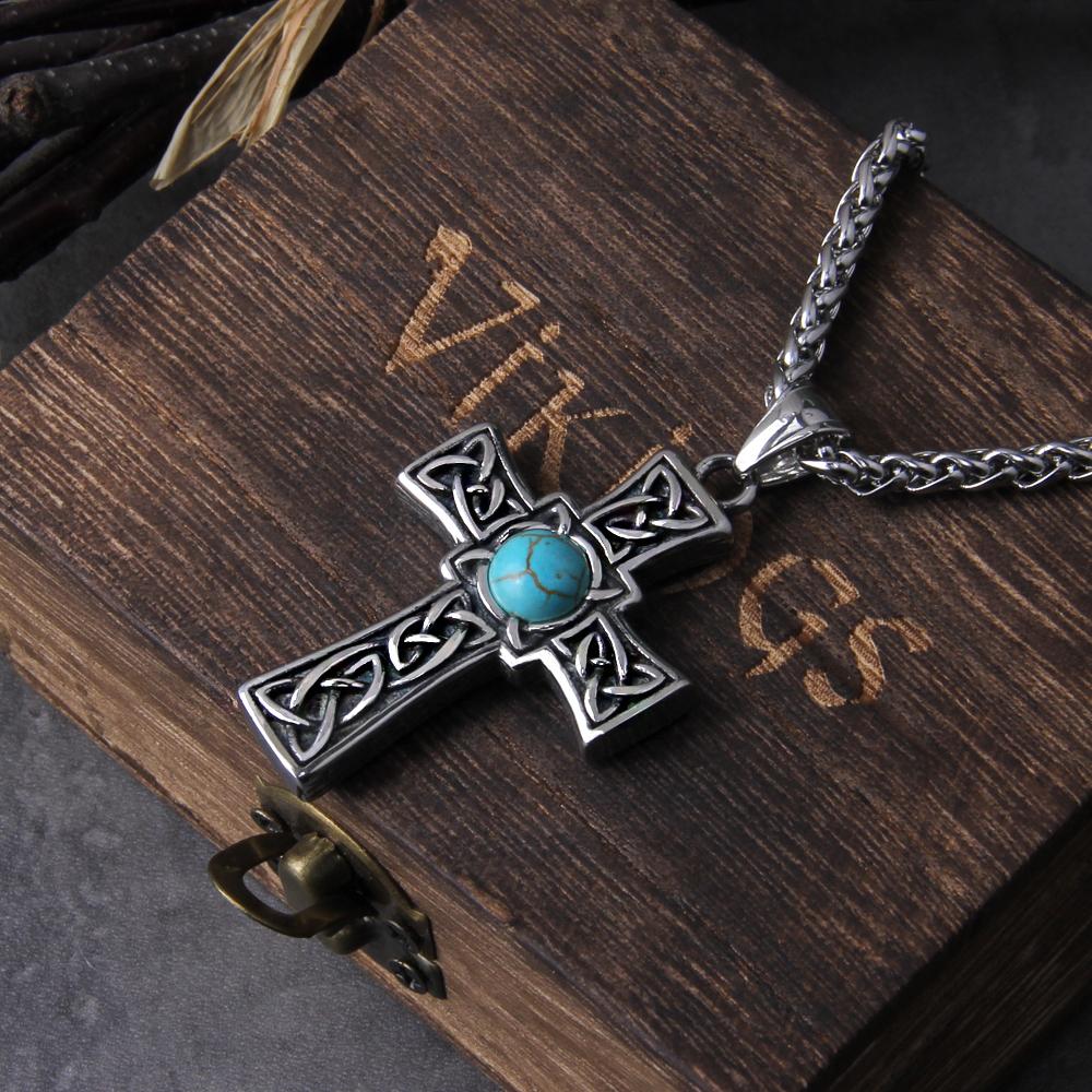 stainless steel Valknut Celtic cross pendant mens viking jewelry with stone and wooden box gift for men