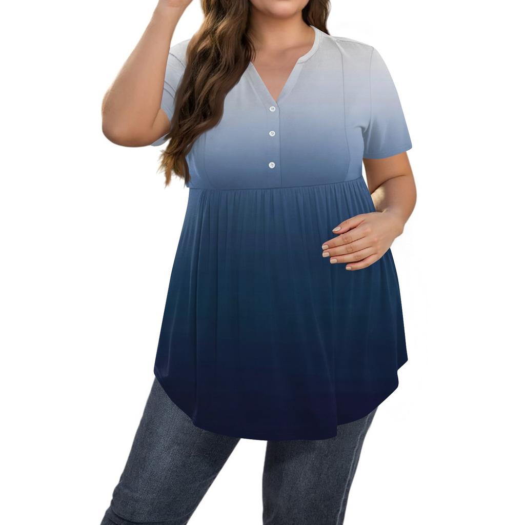 Damen Print Übergröße V-Ausschnitt Knopfleiste Lässiges Kurzarm Fließendes Top