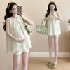 Summer Maternity Embroidered Chiffon Shirt & Tummy Support Shorts Set