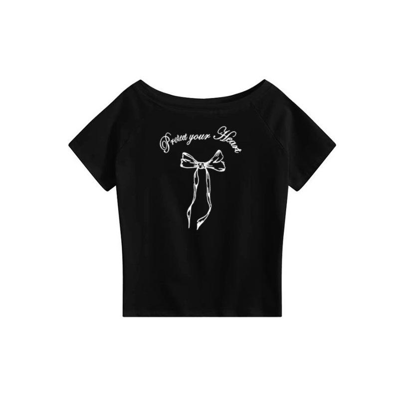 Korean Ins Bow Design White Slanted Shoulder Off-shoulder Short-sleeved T-shirt Women's Summer New Casual Loose Top