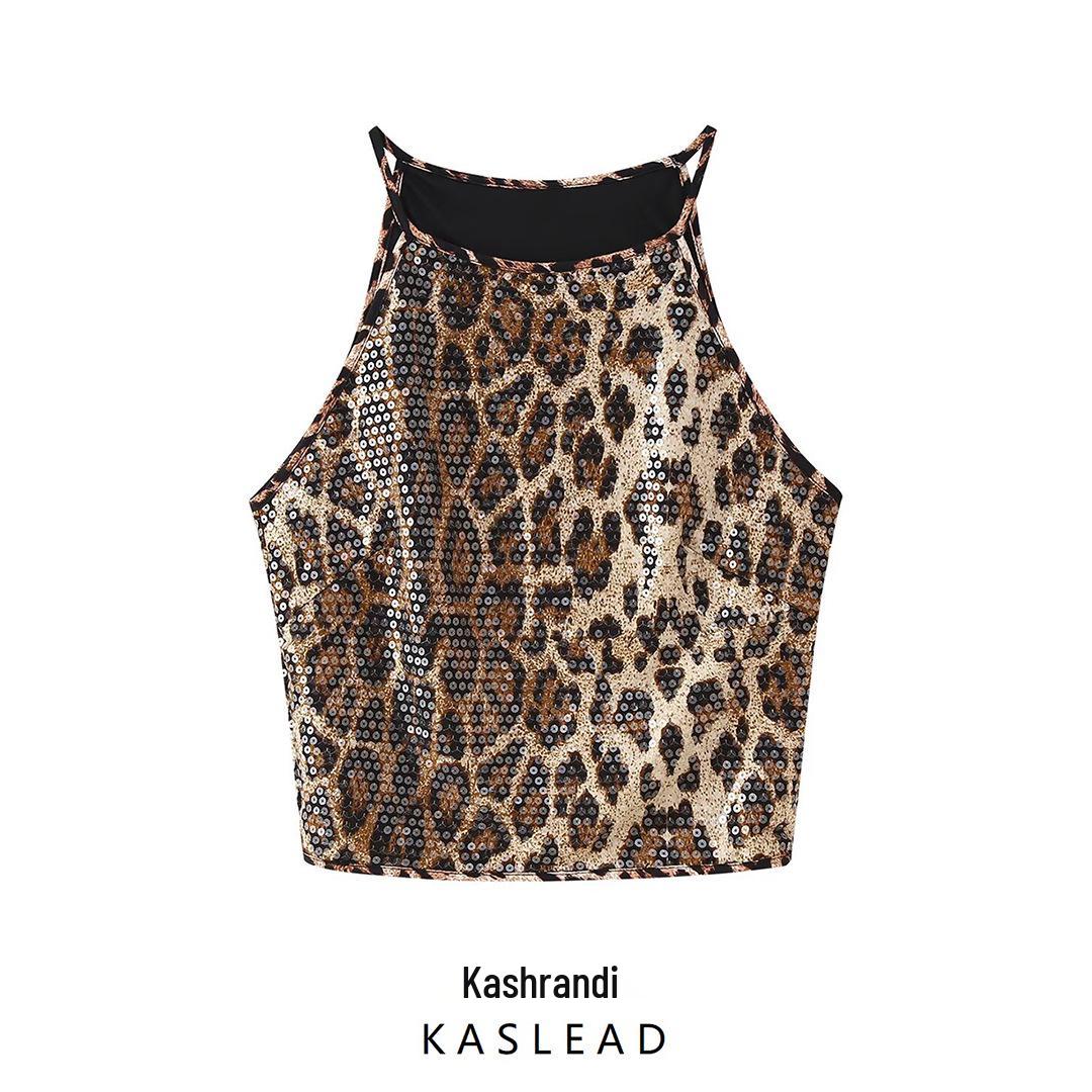 

Spring 2025 Leopard Print Sequin Camisole - European & American Style Fashion for Women Large