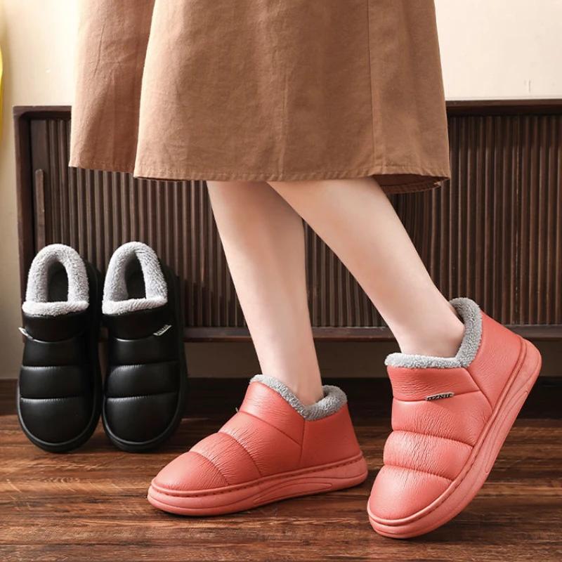 Ankunft wasserdichte Damen PU Leder Schneestiefel warmes kurzes Plüsch Stiefelette weibliche Winterschuhe Frau große Übergröße 41 45