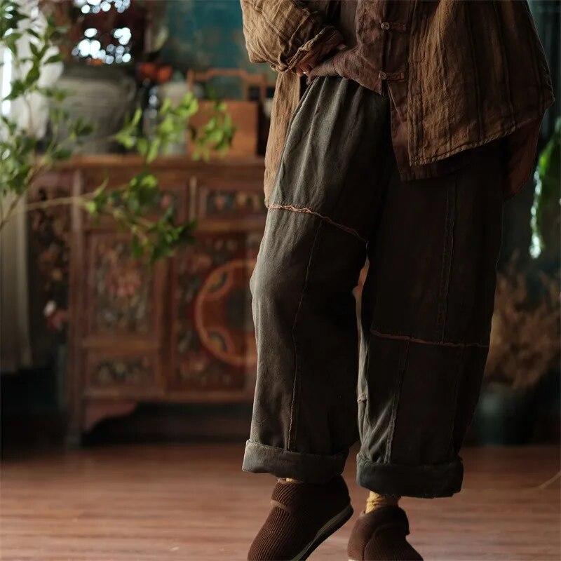 Johnature Women Vintage Plus Cotton Wide Leg Pants Green Warm Elastic Waist Winter Trouser Patchwork Loose Pants