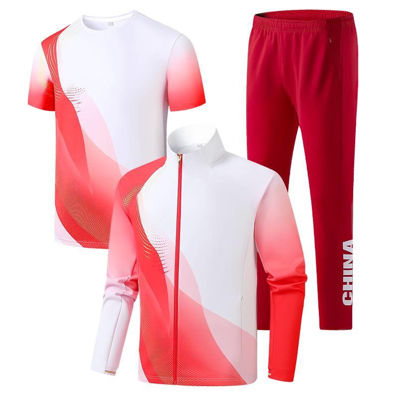 Chinese Team Wind Sports Quick-Dry Three-Piece Set: Short-Sleeved Stand-Collar Jacket, White Long Pants for Opening Ceremony Coaches.