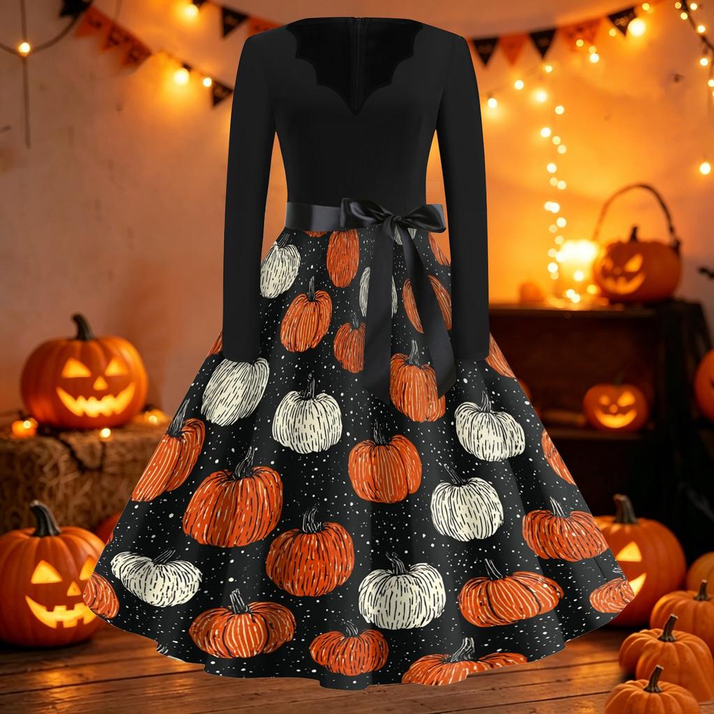 Damen Vintage Halloween Print V-Ausschnitt Kleid, Kurzarm Swing Kleid für Lässige Party