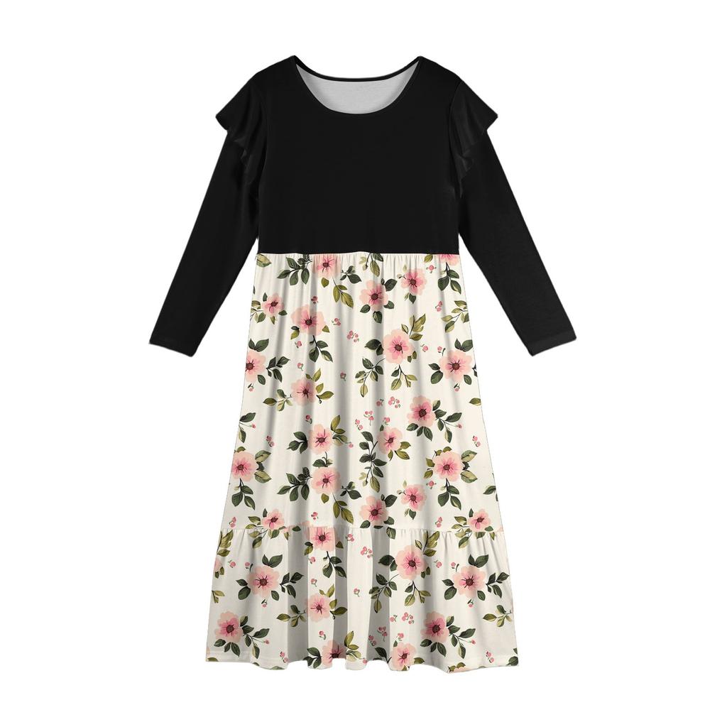 Girls' Tiered Ruffle Dress - Long Sleeve Printed Maxi With Pockets