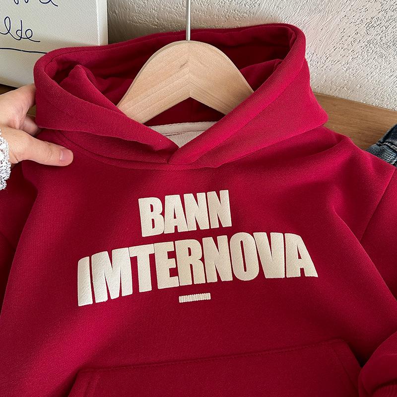 2025 Autumn/Winter Boys' Fleece-Lined Hoodie - Children's Red Festive Sweatshirt Fashion Trend 