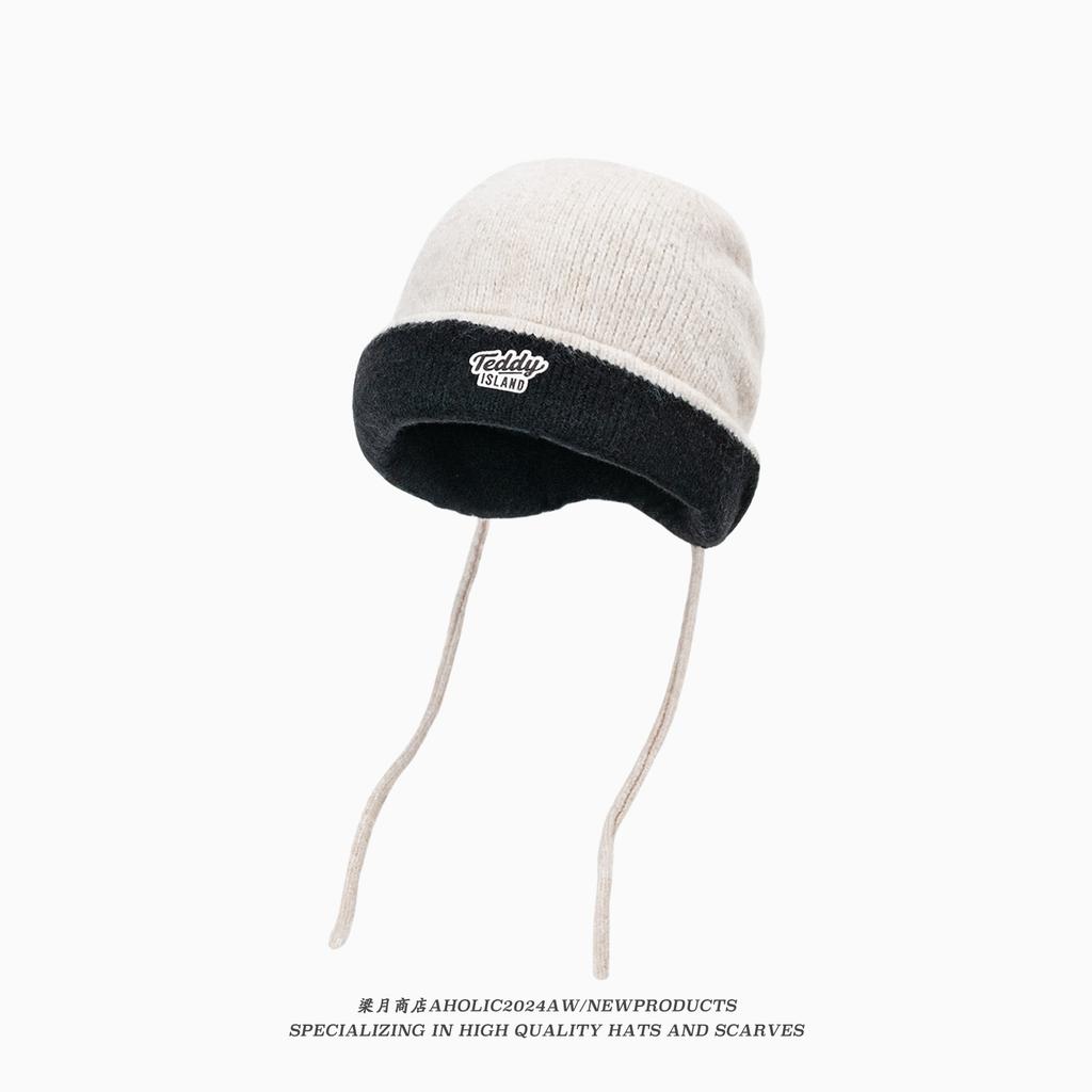 New Color-blocking Hats for Women Wearing Knitted Hats On Both Sides In Autumn and Winter Warm Wool Hats Versatile To Show Their Faces.