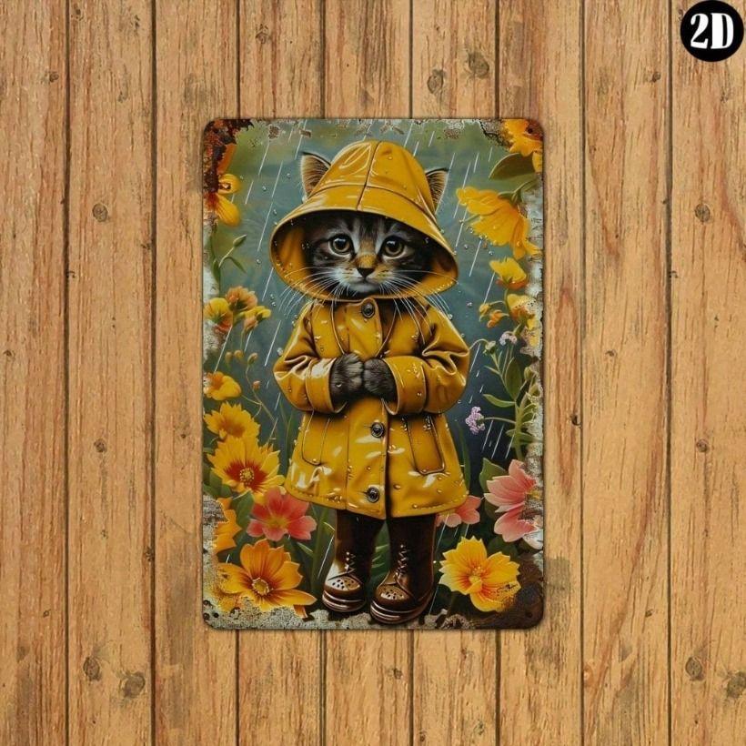 Винтажный Кот в Плаще 8x12 Дюймов Металлический Плакат Настенное Искусство Уличный Домашний Декор