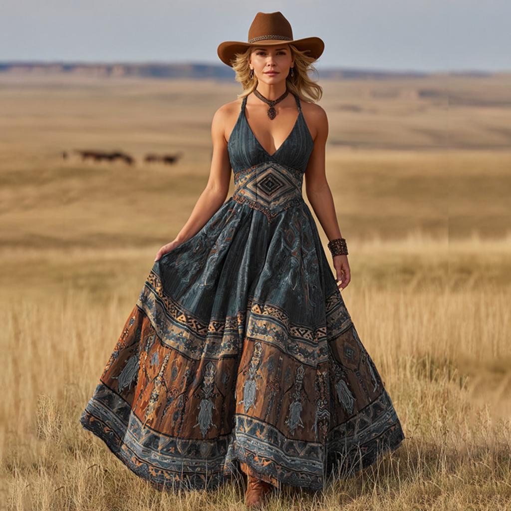 New Boho Dress for Women, Summer Sexy V Neck Printed Fashion Casual Dress, European American Style