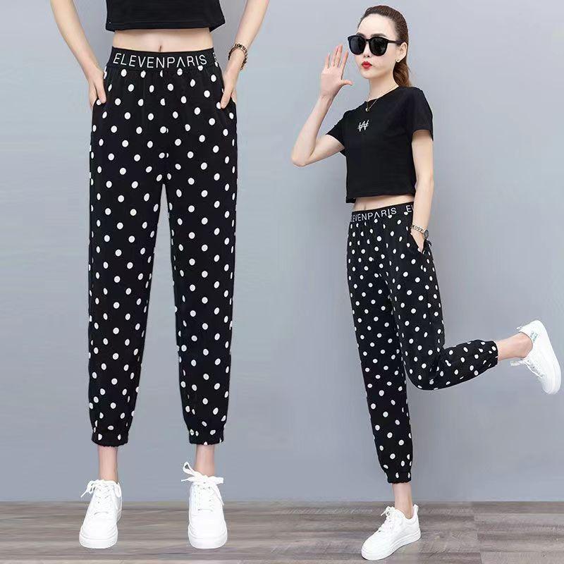 Jambiere de damă cu buline, pantaloni Harlan din șifon de vară, subțiri, cu talie înaltă, cu litere, talie elastică, pantaloni casual sport pentru slăbire