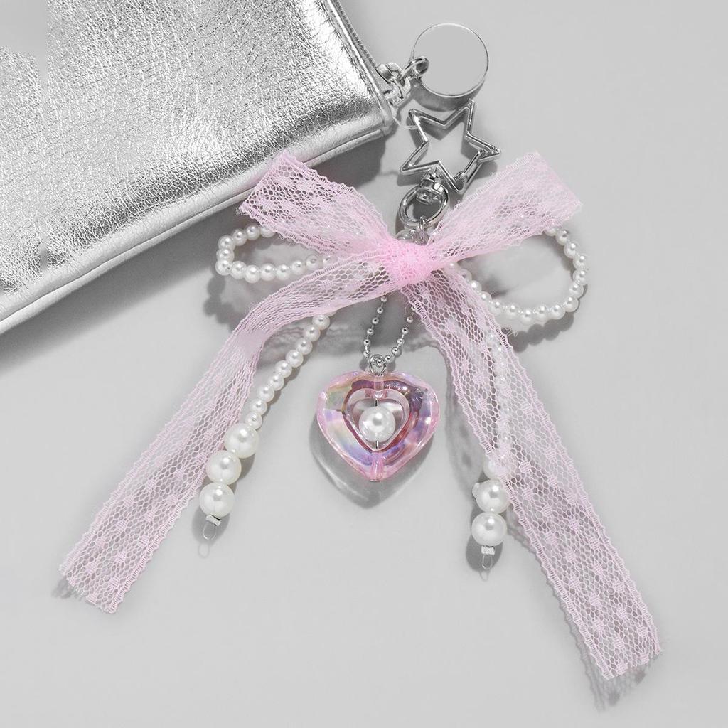 Charming White Pearl Beaded Lace Bow Keychain Bag Charm