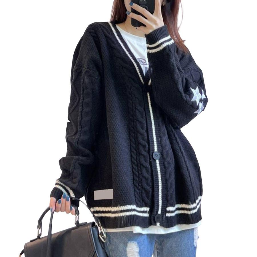 Ribbed Knit Cardigan Sweater with Embroidery - Autumn Solid Color Long Sleeve Women's Coat