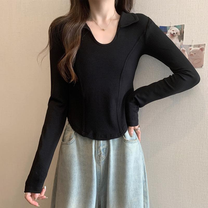 Polo Neck Long-sleeved Base Shirt for Women In Autumn, U-neck Tight Short T-shirt, High-waisted Hot Girl's Shoulder Fish Bone Top