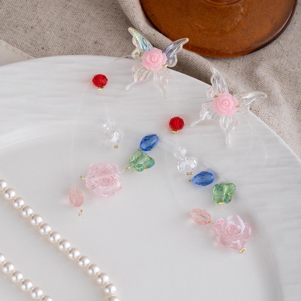 Dopamine Color Butterfly Flower Beaded Fringed Stud Earrings Summer Seaside Vacation Wind Earrings Sweet Earrings