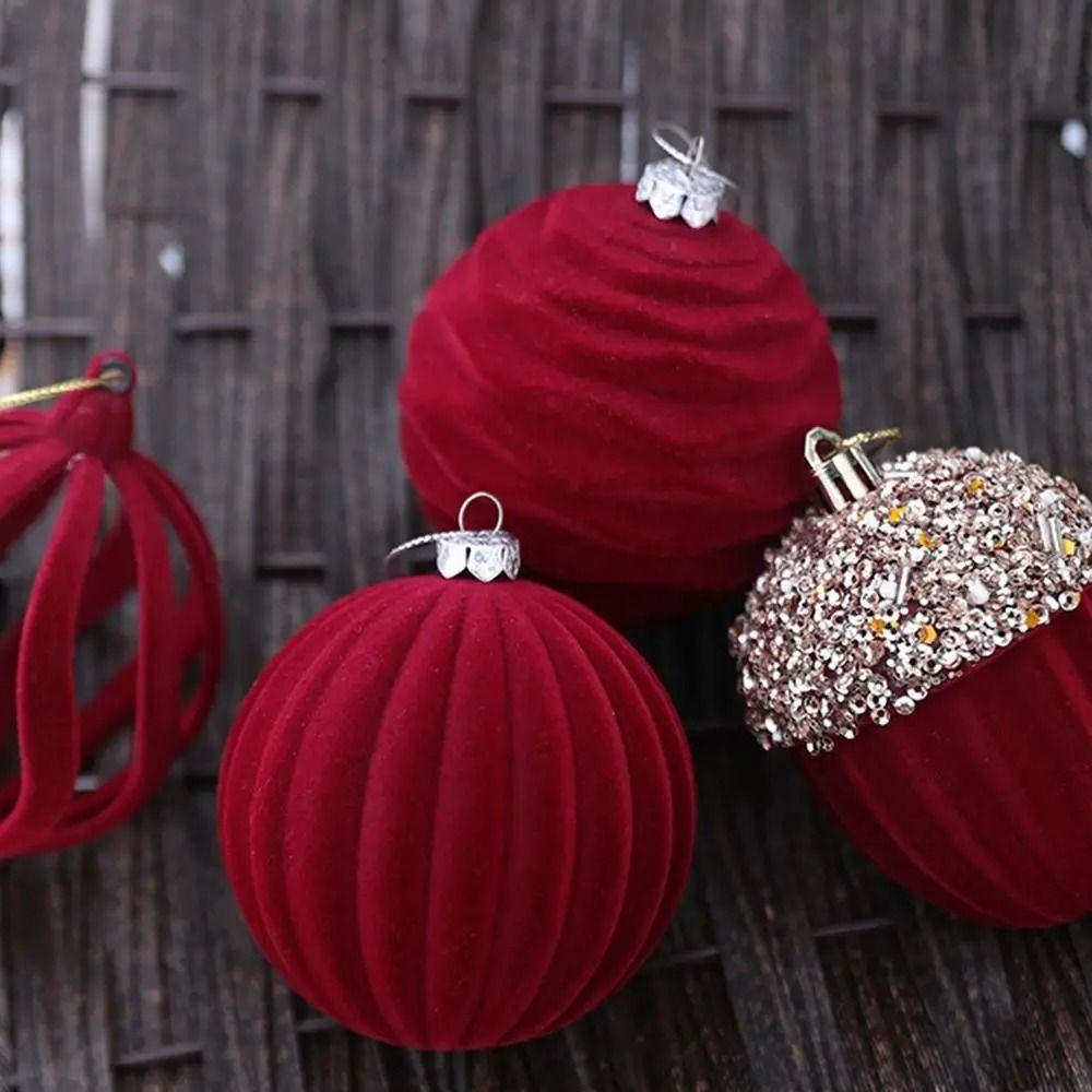 4pcs Delicate Christmas Tree Pendant Flocked Xmas Hanging Ornament Velvet Christmas Ball  Holiday